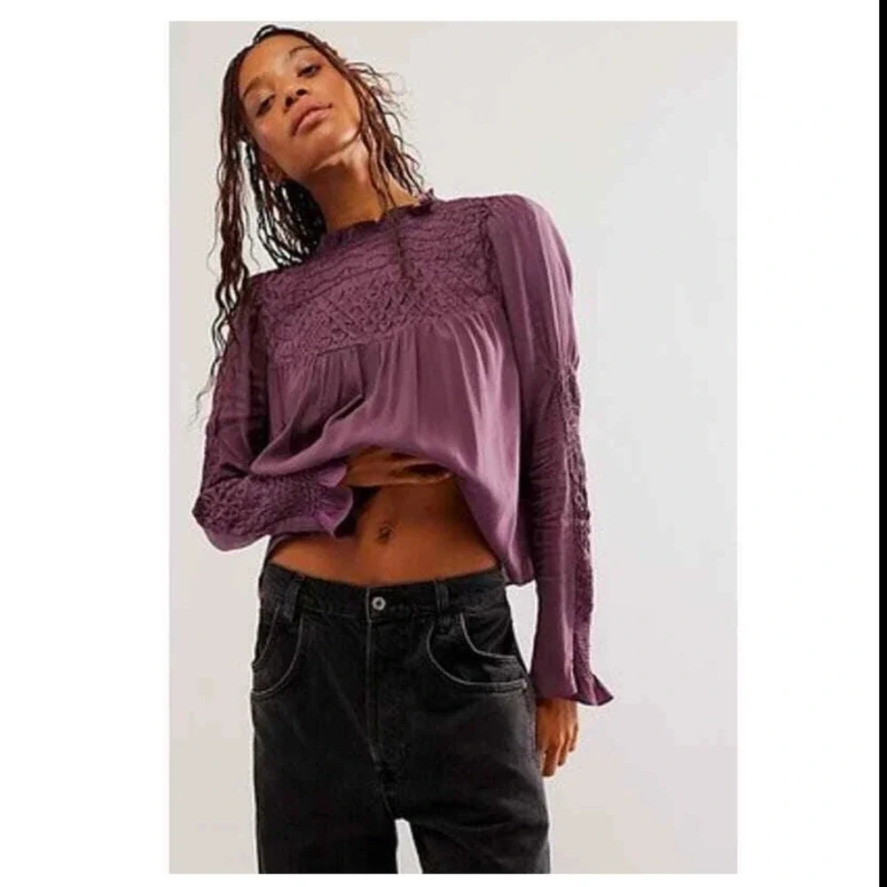 Free People Smocked In Time Boho Purple‎ Pullover Top Long Sleeve XS
